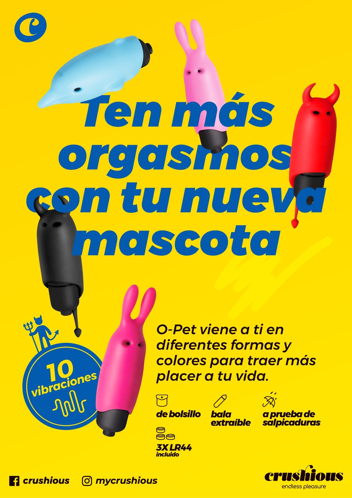 O-Pet Diabo Com Bala De 10 Vibrações Preto Crushious