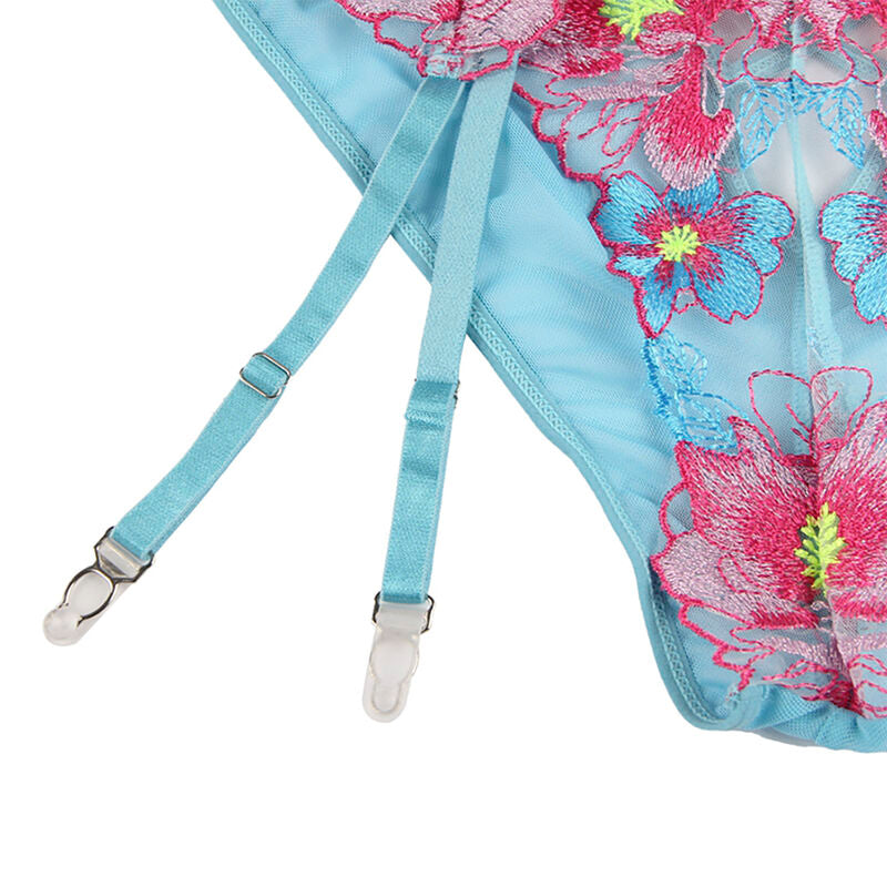 Subblime - 954109 Sutiã + Calças Com Cinto De Jarreteira Azul Desenho Floral S/M