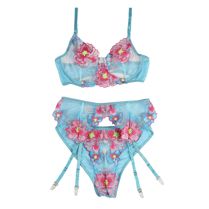 Subblime - 954109 Sutiã + Calças Com Cinto De Jarreteira Azul Desenho Floral S/M