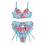 Subblime - 954109 Sutiã + Calças Com Cinto De Jarreteira Azul Desenho Floral S/M