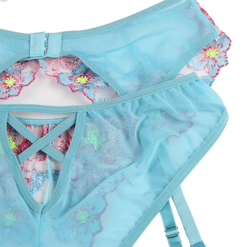 Subblime - 954109 Sutiã + Calças Com Cinto De Jarreteira Azul Desenho Floral S/M