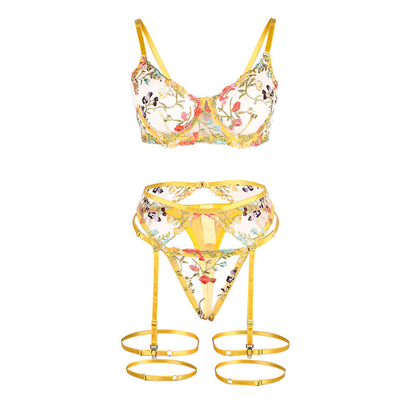 Subblime- 954345 Sutiã + Tanga + Cintos De Jarreteira Design Floral Amarelo S/M