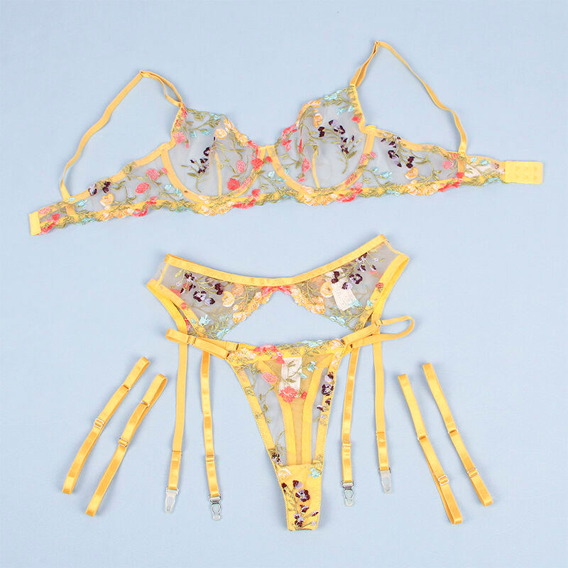 Subblime- 954345 Sutiã + Tanga + Cintos De Jarreteira Design Floral Amarelo S/M