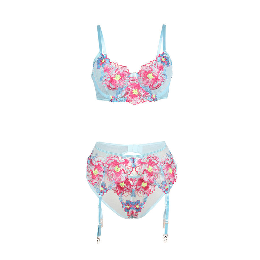 Subblime - 957643 Conjunto De Sutiã E Jarreteira Com Bordado De Flor Rosa S/M